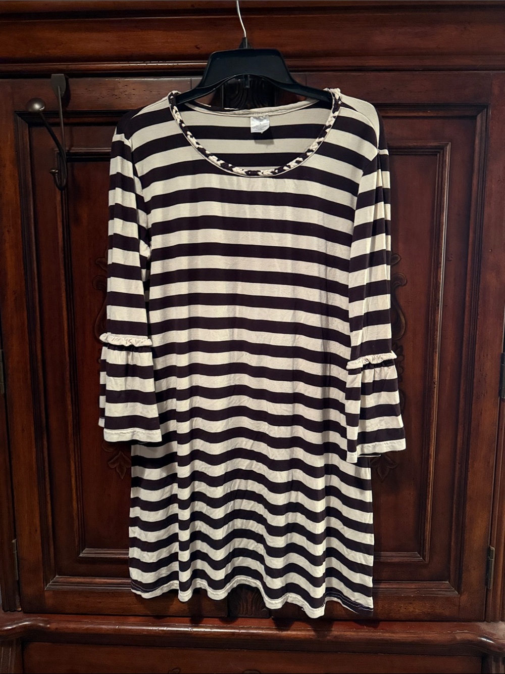 Striped Brown and Cream Long Sleeve Scoop Neck Dress